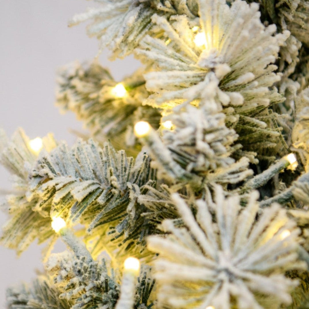 6' Flocked Pencil Aspen Tree - flocked foliage and lights close-up 3
