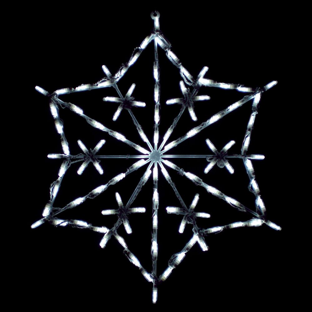 An LED snowflake with hexagon shape and white lights against a black background.