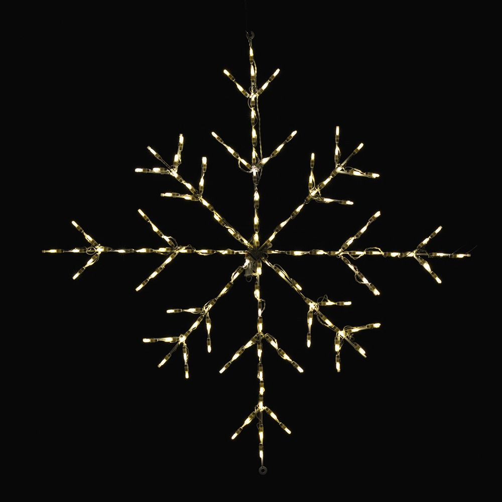 52 inch Classic Branch Snowflake Light Display glowing in warm white LEDs against a black background