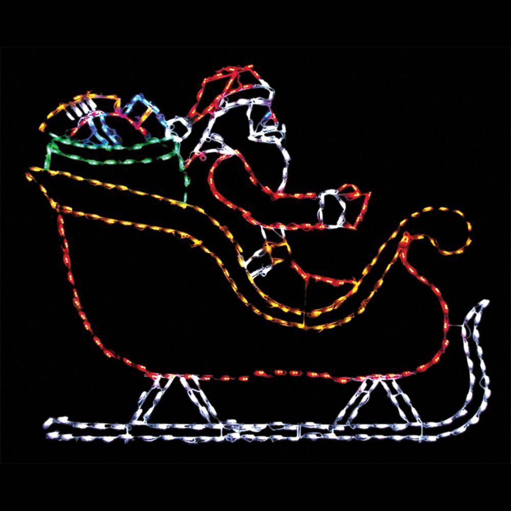A illuminated LED display of Santa Claus sitting in a sleigh, with colors red, white, yellow, and green.