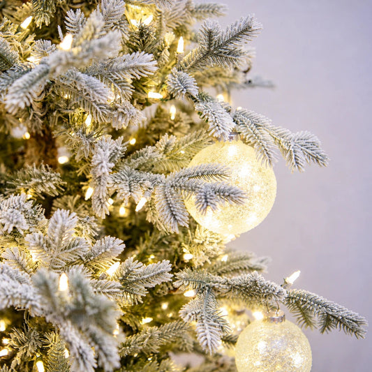 12' One Plug Flock Virginia Pine Tree with Icy Ball - flocked branches, ornaments and lights close-up 3