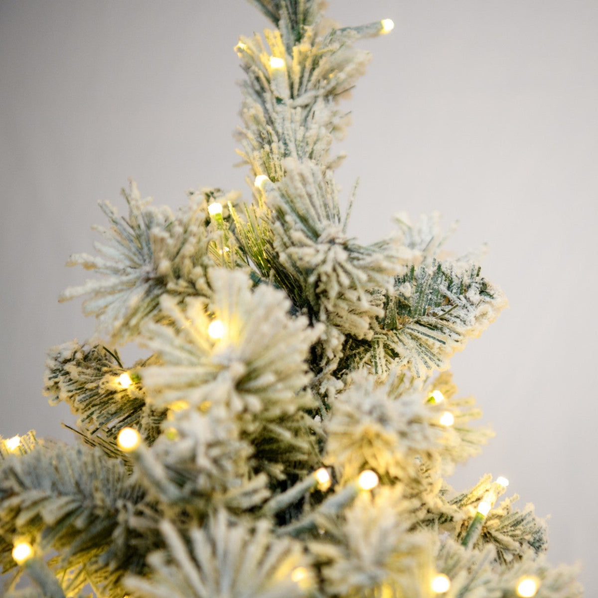4' Flocked Pencil Aspen Tree - flocked foliage and lights close-up 6