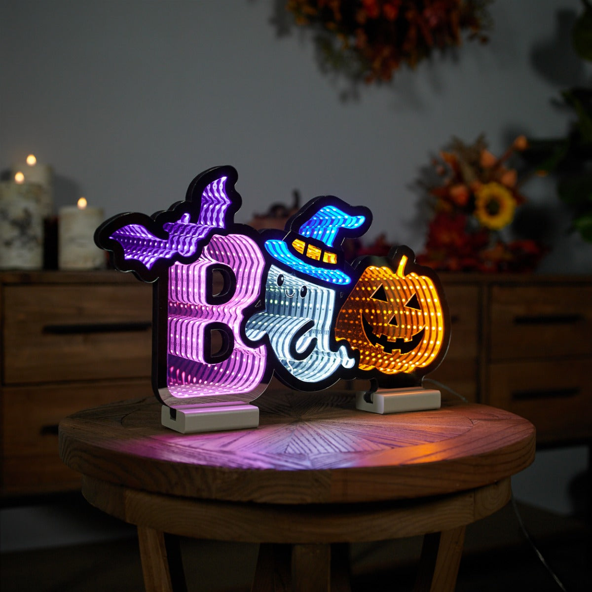 Luz infinita de Halloween con mensaje "Boo", 43 cm x 25 cm