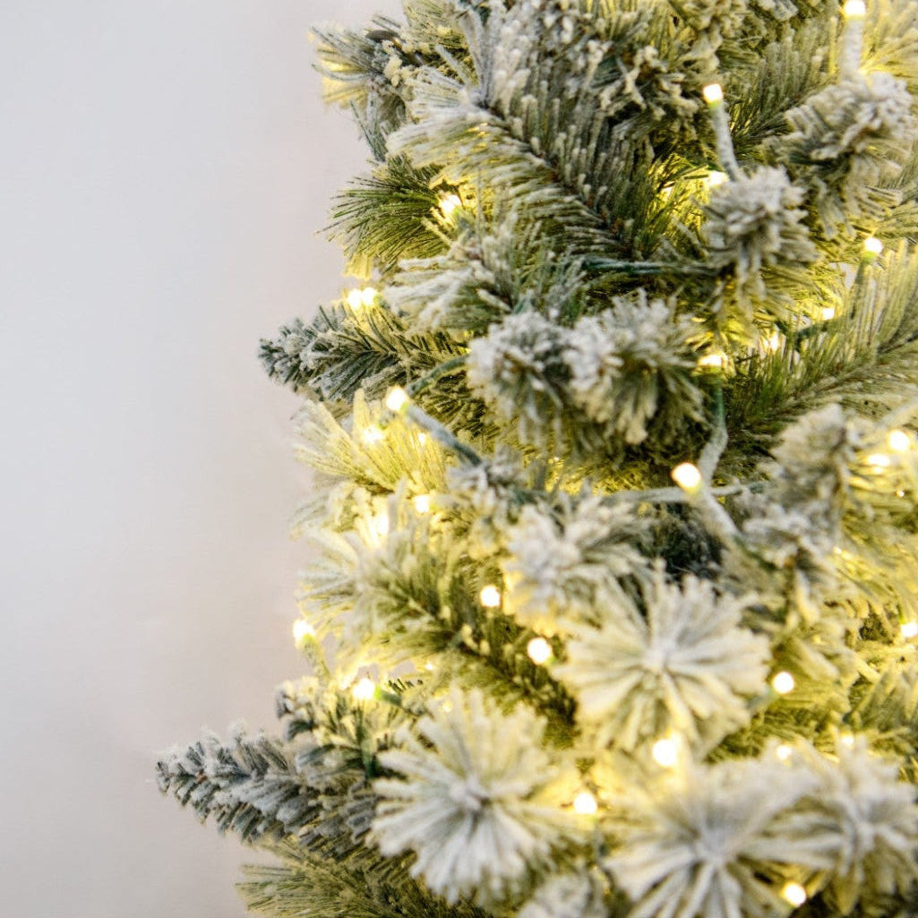 6' Flocked Pencil Aspen Tree - flocked foliage and lights close-up 2