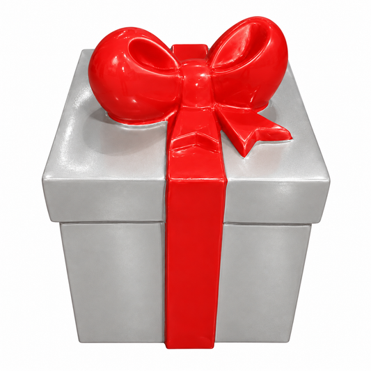 Caja de regalo de fibra de vidrio plateada, lazo rojo - 18"x18"x22"