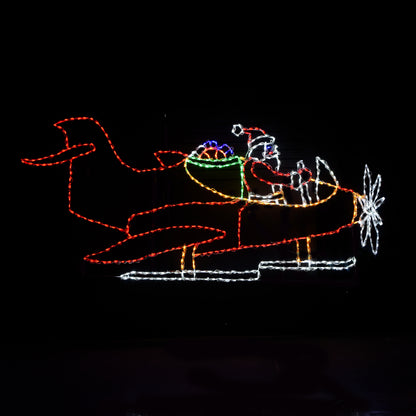 Christmas light display in the shape of Santa Claus riding an airplane, with red, white, and yellow wire lights on a black background.