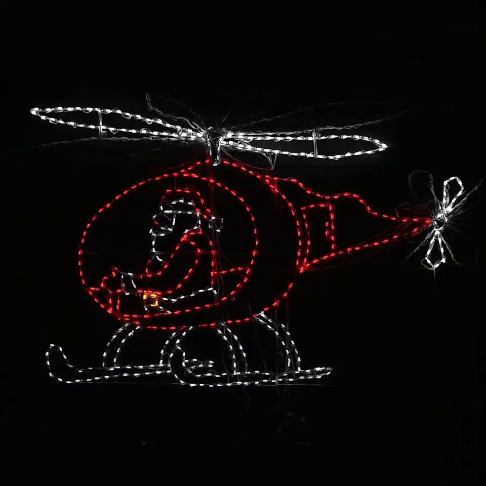 Animated LED Christmas display featuring Santa flying a helicopter.