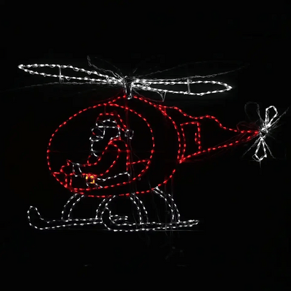 Animated LED Christmas display featuring Santa flying a helicopter.