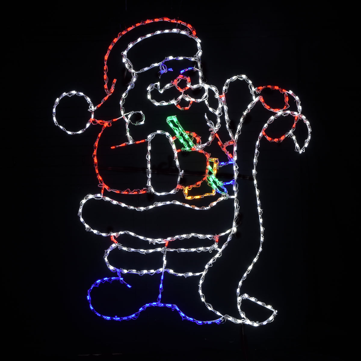 A festive Santa Claus light display, outlined in white lights with red, yellow,  and blue accents against a solid black background.