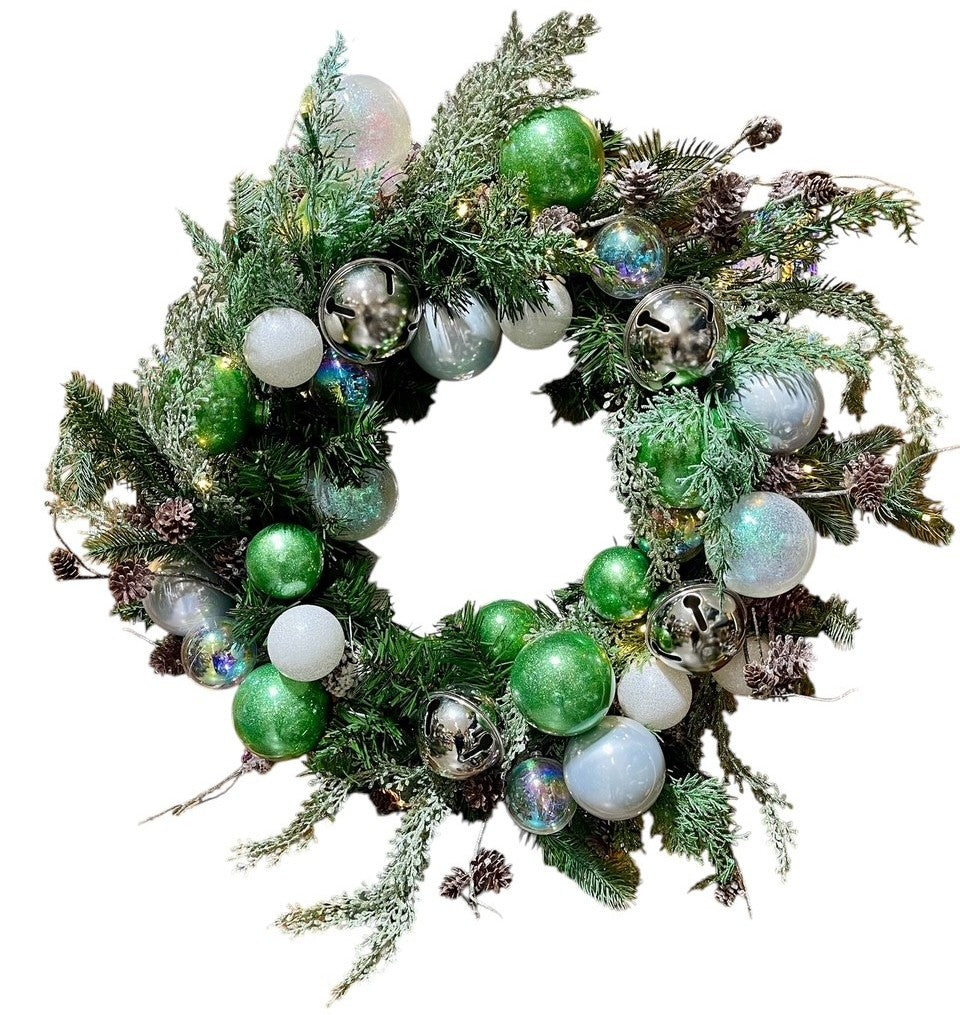 Guirnalda navideña decorada de 24" Campanas plateadas - Musgo escarchado con luces a pilas