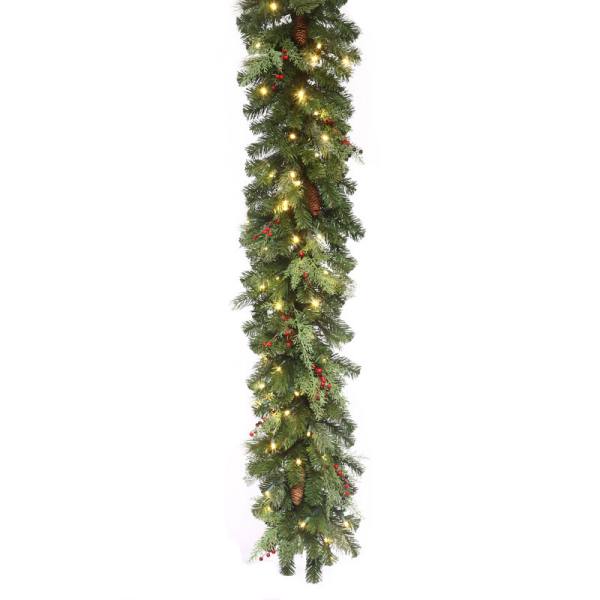 Guirnalda de pino de montaña LED de 14"x9' color blanco cálido