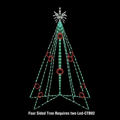 Diagram showing four-sided 3D Christmas tree configuration using two CTB82 LED displays, green outline with red berry accents and star topper