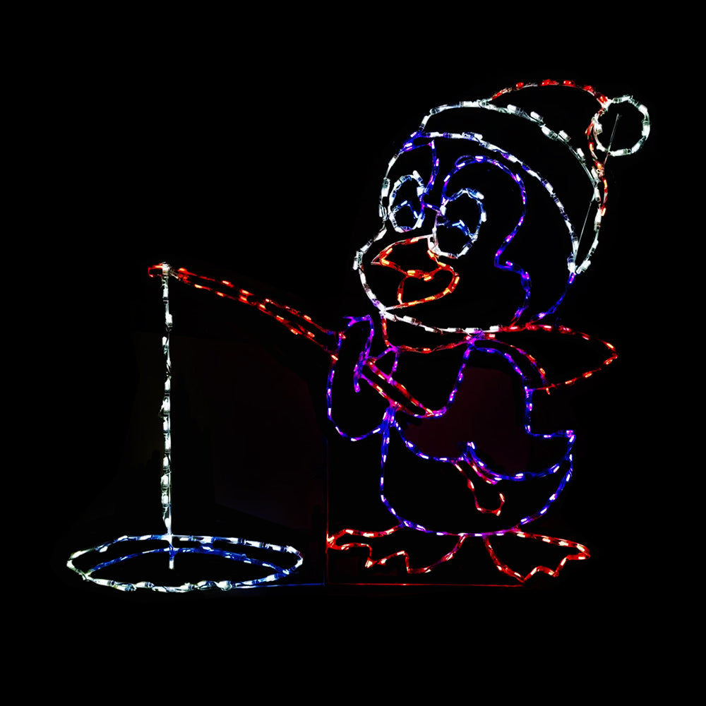 Pantalla LED de pingüino con caña de pescar
